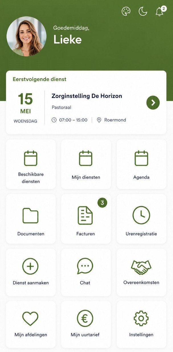 MijnZPC app: overzicht met eerstvolgende dienst en menu